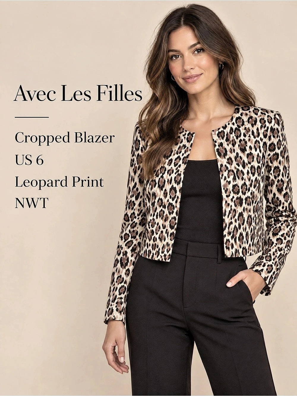 Avec Les Filles Cropped Blazer Leopard Print Brown & Black Size 6